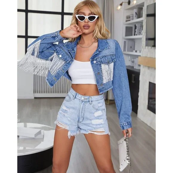 Women’s Crop Denim Jacket Tassel Casual Jean Coat With Fringe S107Dark Blue